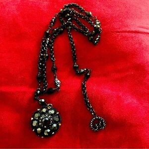 Black beaded vintage chain belt with rhinestone floral accent